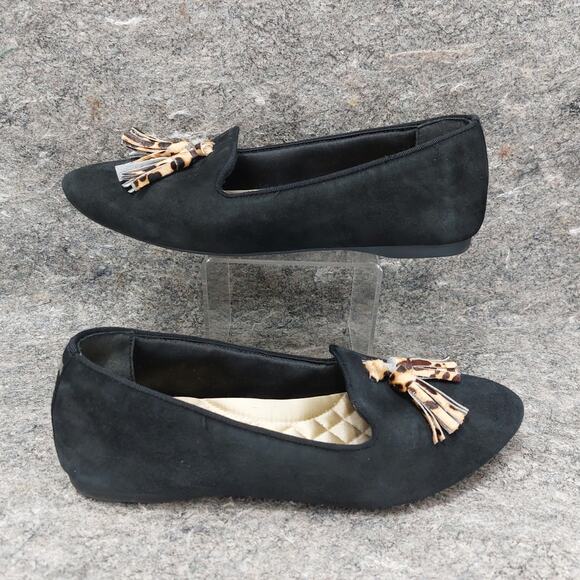 Birdies Blackbird Flats Women's Black Suede Slip On Cheetah Tassel Size 6.5 Glam - Picture 1 of 8